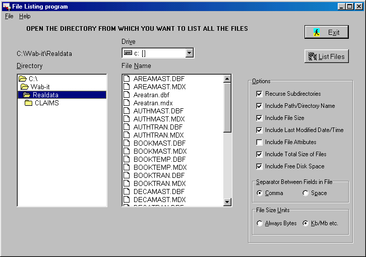 Screen shot from FileList program