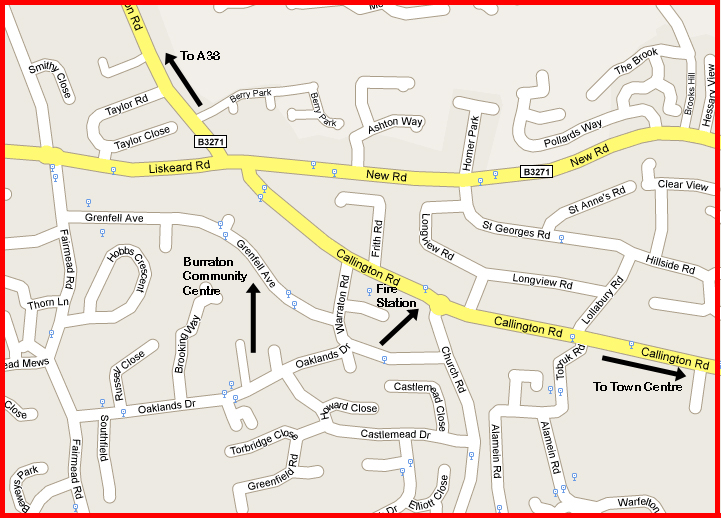 Map showing location of Burraton Community Centre, Grenfell Avenue, Saltash